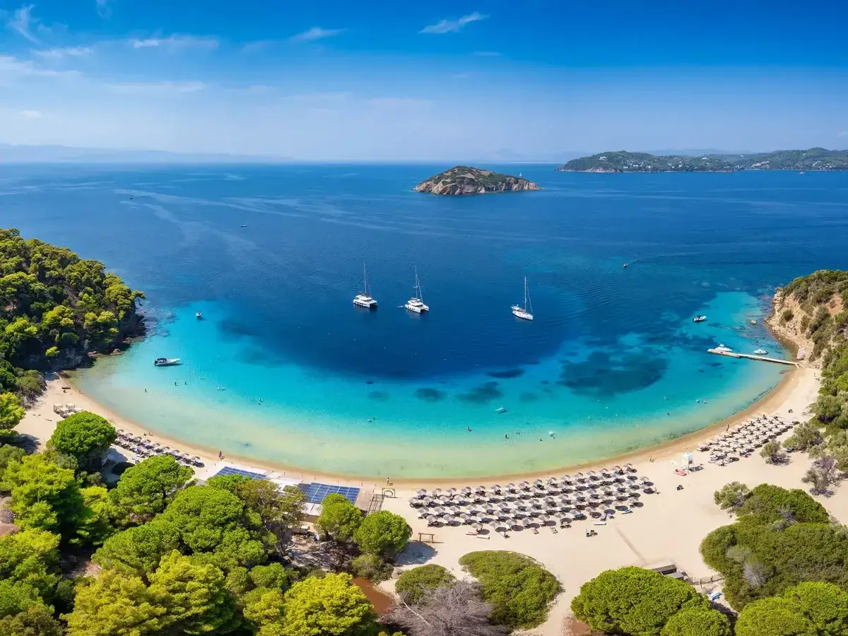 A scenic Tsougria Island boat trip from Skiathos with clear waters,